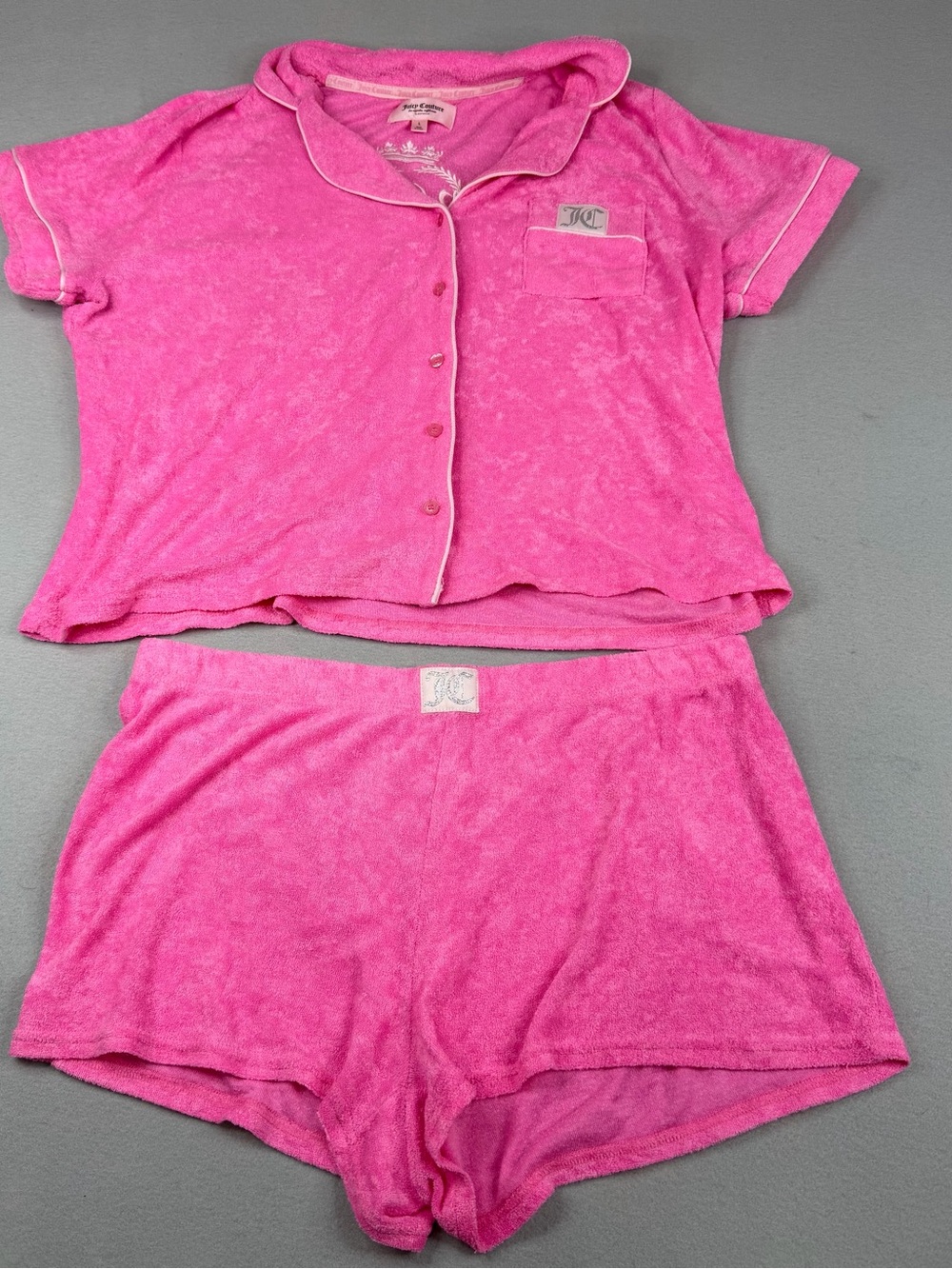 Juicy Couture Terry Cloth Pajama Set Womens L Hot Pink Y2K Logo Shorts